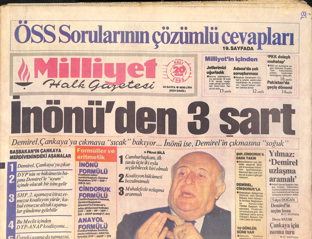 Milliyet Gazetesi 20 Nisan 1993 - İnönü'den 3 Şart - Maradona Kalli'yi İstedi GZ2974 - 1