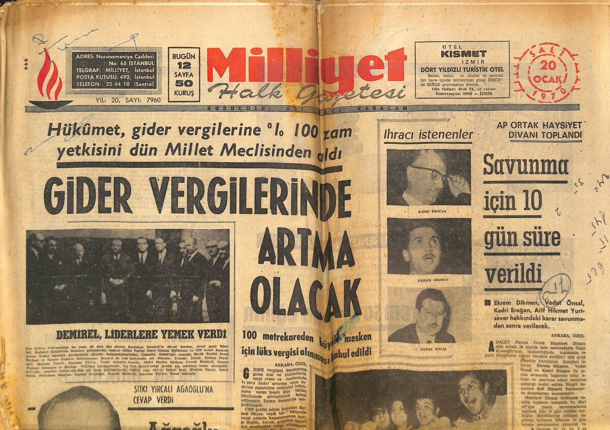 Milliyet Gazetesi 20 Ocak 1970 - Beyaz Kelebeklerden Üçü Yanarak Öldü - Başbakan Demirel Liderlerle Yemek Yedi - Şener'in Dövülme Olayı Mahkemede GZ140347 - 1