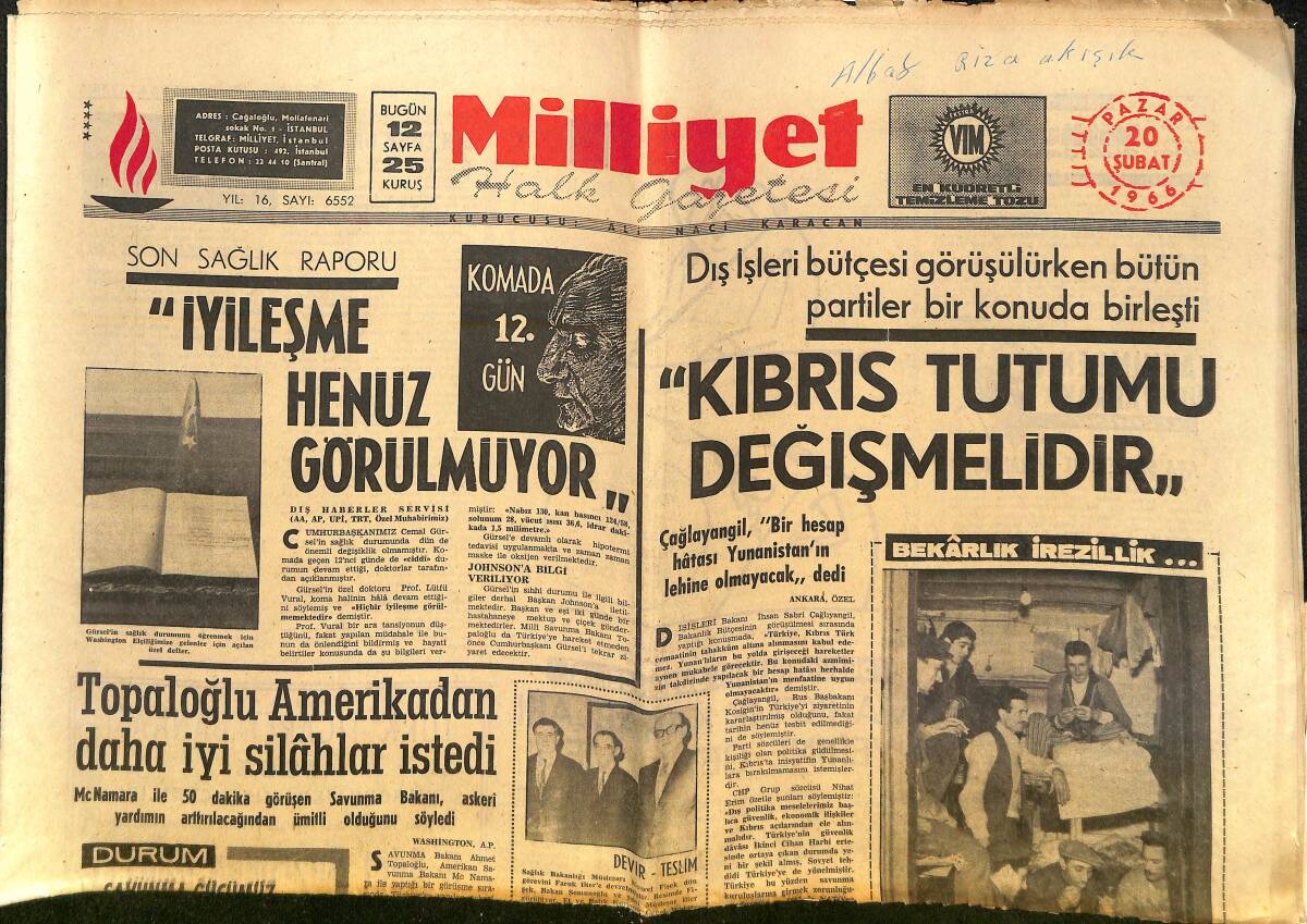 Milliyet Gazetesi 20 Şubat 1966 - Kıbrıs Tutumu Değişmelidir! - Hacı Milletvekili İçin AP Tahkikat Açtı! GZ140191 - 1