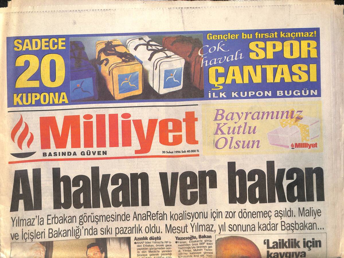Milliyet Gazetesi 20 Şubat 1996 - Fenerbahçe Duvar Ördü - Avrupa'nın Kota Şantajı GZ132811 - 1