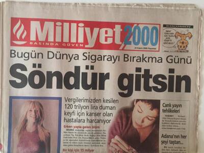 Milliyet Gazetesi 2000 Eki 20 Kasım 2000 - Bugün Dünya Sigarayı Bırakma Günü Söndür Gitsin GZ22835 - 1
