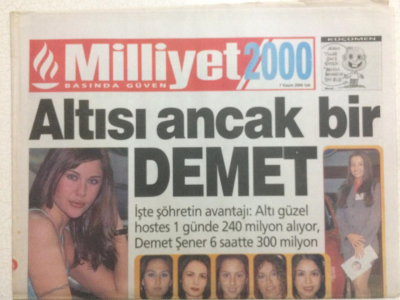 Milliyet Gazetesi 2000 Eki 7 Kasım 2000 - Demet Şener 6 Saatte 300 Milyon Alıyor GZ24620 - 1