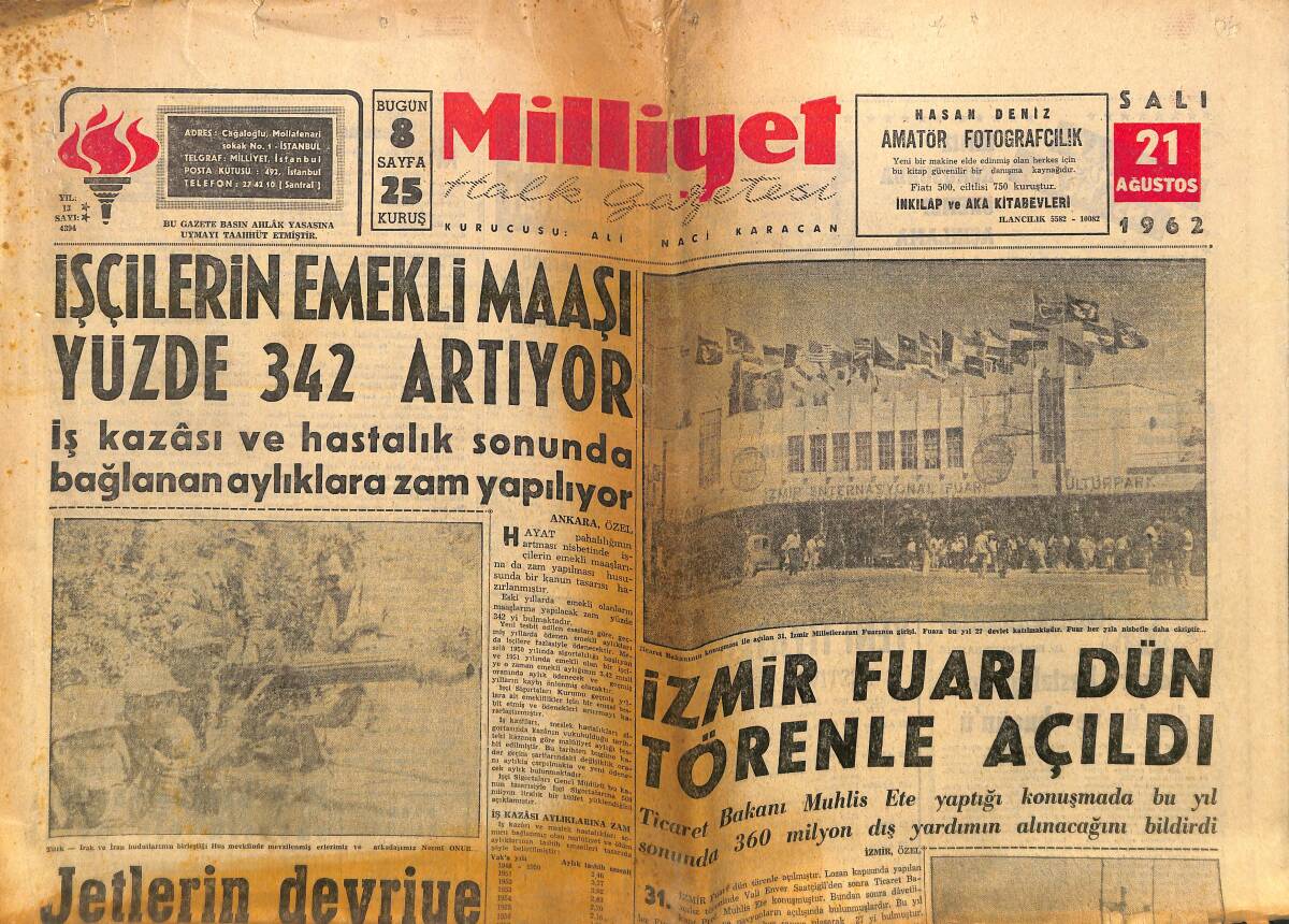 Milliyet Gazetesi 21 Ağustos 1962 - 17. İstanbul Tenis Turnuvası - İngiliz Aktristi Canol Gardier Bir Gecede 47 Kişiye Randevu Verdi - Çin Seddi Tamir Ediliyor GZ140262 - 1