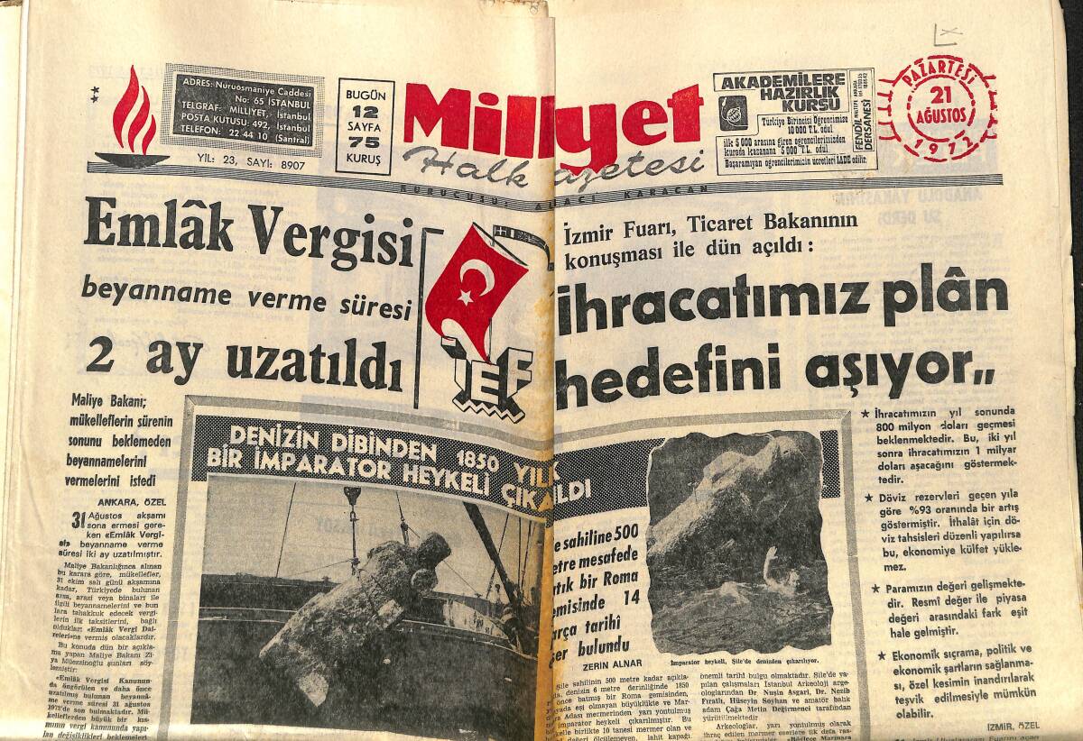 Milliyet Gazetesi 21 Ağustos 1972 - Denizin Altından 1850 Yıllık İmparator Heykeli Çıktı - Rahipler'in Yasak Aşkları Beyaz Perdede GZ140100 - 1