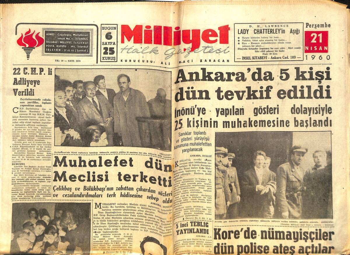 Milliyet Gazetesi 21 Nisan 1960 - Peugeot'un Oğlunu Kaçıran 3 Haydut İstanbul'da Aranıyor! - Muhalefet Dün Meclisi Terk Etti! GZ140331 - 1
