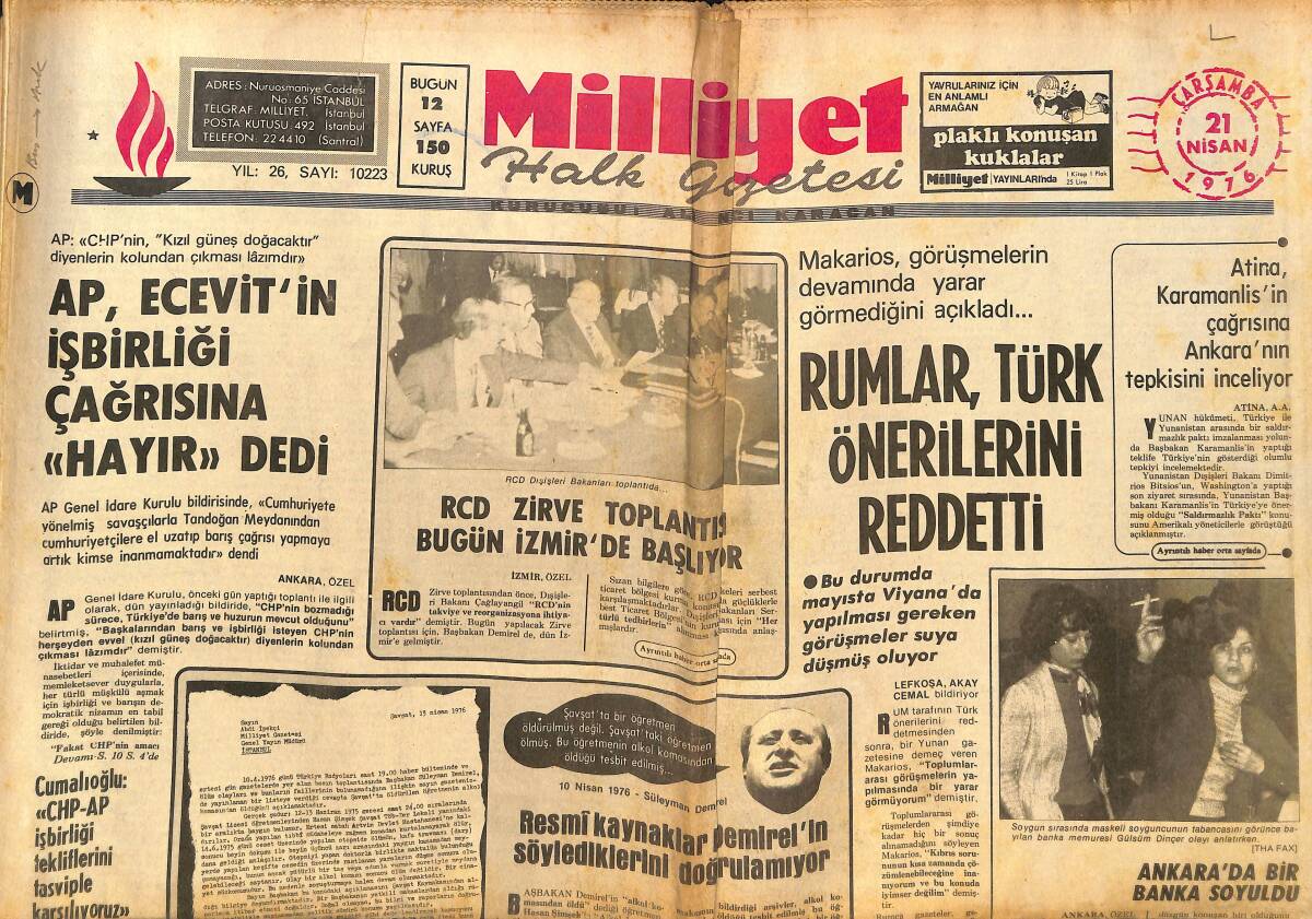 Milliyet Gazetesi 21 Nisan 1976 - AP, Ecevit'in İşbirliği Çağrısına Hayır Dedi - Rumlar Türk Önerilerini Reddetti! GZ140126 - 1
