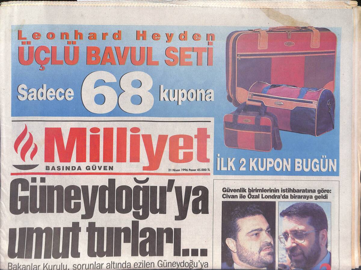 Milliyet Gazetesi 21 Nisan 1996 - Türkan Şoray'ın Oscar Hedefi - Galatasaray'dan İki Füze GZ132860 - 1