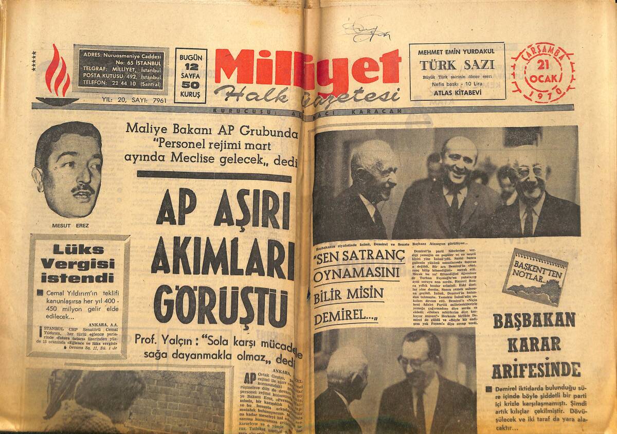 Milliyet Gazetesi 21 Ocak 1970 - Meclis Cuma Günü Gizli Toplanacak - Dubçek Hesap Verecek! - Metin Oktay 8 Şubatta Sahaya Çıkıyor! GZ140344 - 1