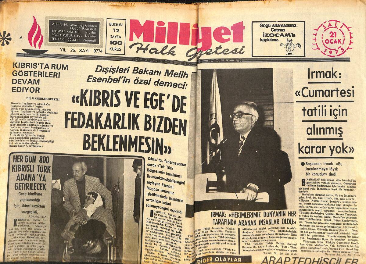 Milliyet Gazetesi 21 Ocak 1975 - Melih Esenbel: Kıbrıs Ve Ege'de Fedakarlık Bizden Beklenmesin - Christian Adam'ın Ankara Konseri Bugün GZ140312 - 1