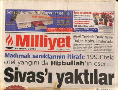 Milliyet Gazetesi 21 Ocak 2000 - Madımak Sanıklarını İtirafı 1993teki Otel Yangını da Hizbullahın Eseri... GZ96698 - 1