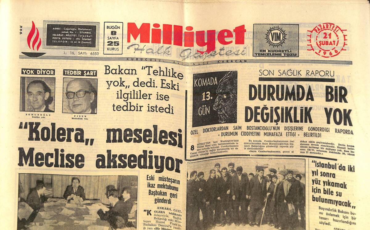 Milliyet Gazetesi 21 Şubat 1966 - Kolera Meselesi Meclise Aksediyor - Bir Kur'an Kursu Kapatıldı - Lefter Dün Bıçaklandı! GZ140192 - 1