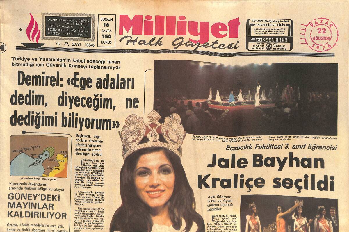 Milliyet Gazetesi 22 Ağustos 1976 - Jale Bayhan Kraliçe Seçildi - Oleyis Park Otel'de Grev Kararı Alındı GZ133960 - 1