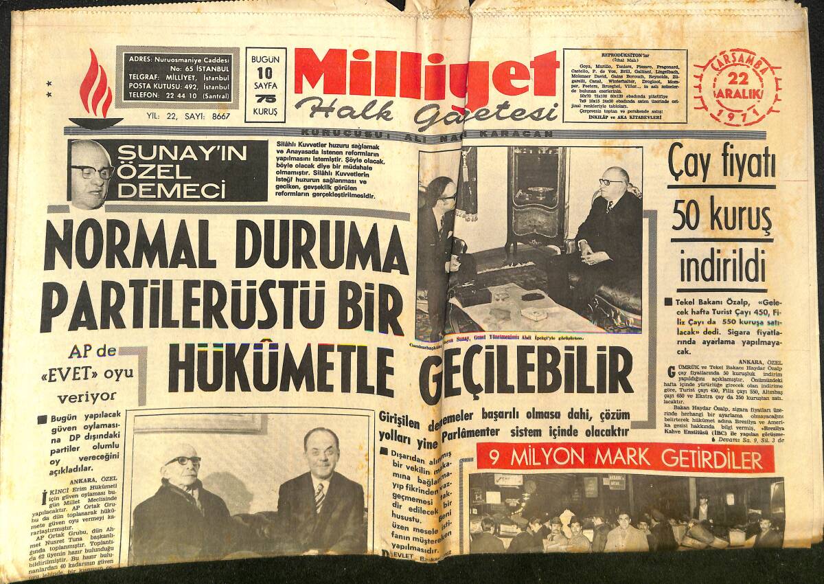 Milliyet Gazetesi 22 Aralık 1971 - İnönü'yü Atina'da Yunan Başbakanı Karşıladı - Cevdet Sunay'ın Özel Demeci GZ140317 - 1