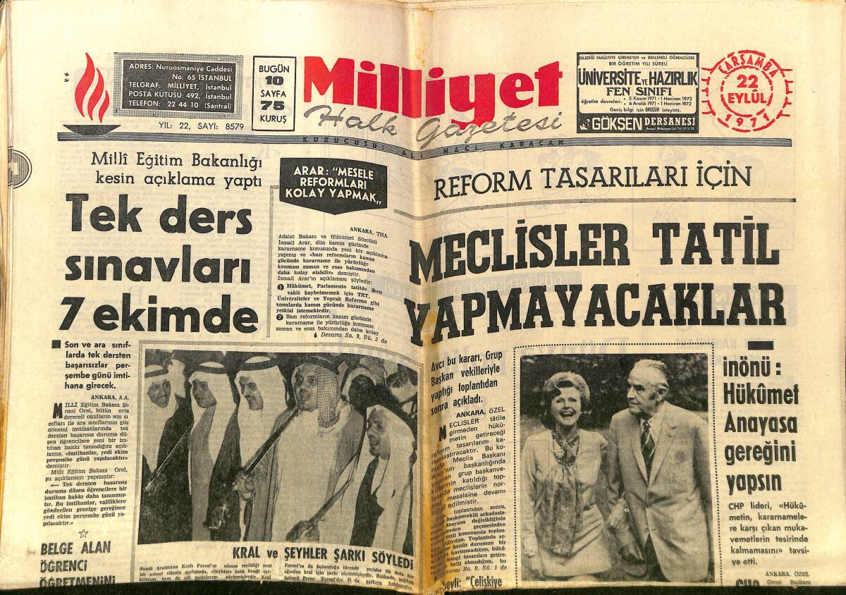 Milliyet Gazetesi 22 Eylül 1971 - Kral Ve Şeyhler Şarkı Söyledi - Harriman Evleniyor - Yeni Paris Havaalanı - İnönü: Hükümet Anayasa Gereğini Yapsın GZ140273 - 1