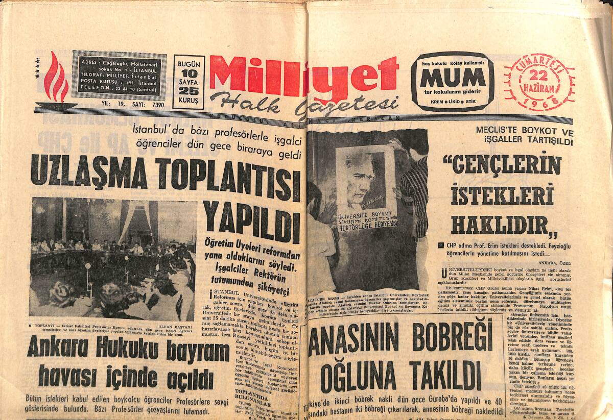 Milliyet Gazetesi 22 Haziran 1968 - Artvin Lisesi Müdürü Öldürüldü - Rus Ve Çek Askeri Bir Arada - Dünyayı Titreten Rekor: 9.9 GZ140068 - 1