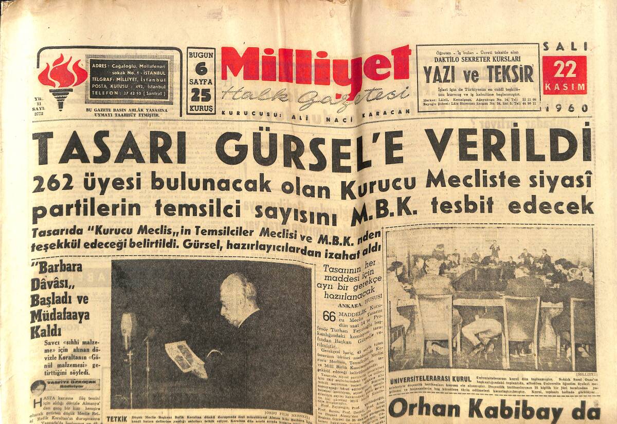 Milliyet Gazetesi 22 Kasım 1960 - Tasarı Gürsel'e Verildi - Sivas'ta Bir Askeri Amerikan Uçağı Düştü - Fenerbahçe Kadrosu Değişiyor GZ140213 - 1