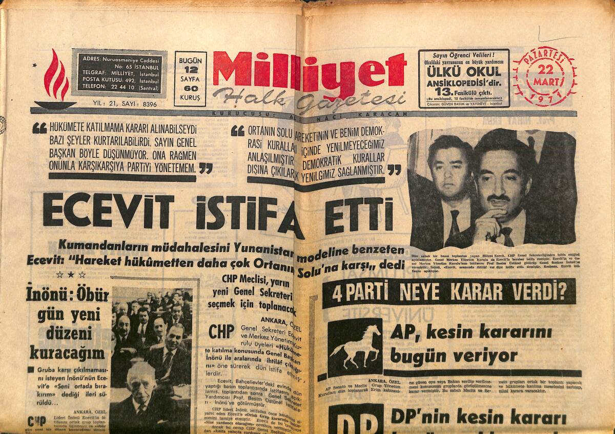 Milliyet Gazetesi 22 Mart 1971 - Ecevit İstifa Etti - Giresunspor Liderliğini Korudu - 4 Parti Neye Karar Verdi GZ140286 - 1