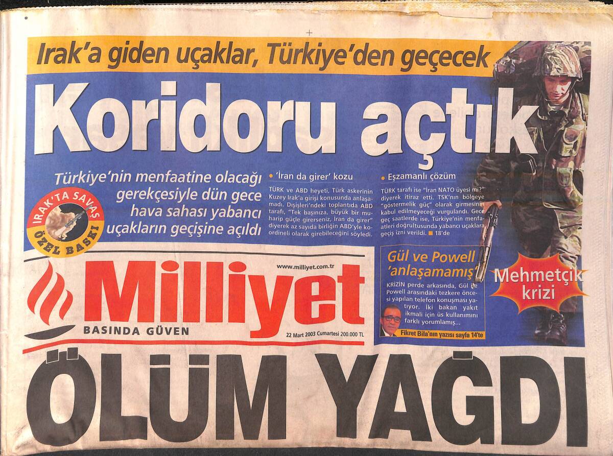Milliyet Gazetesi 22 Mart 2003 - Aziz Yıldırım Patladı - Saddam'dan Uçak Düşürene 58 Milyar GZ157171 - 1