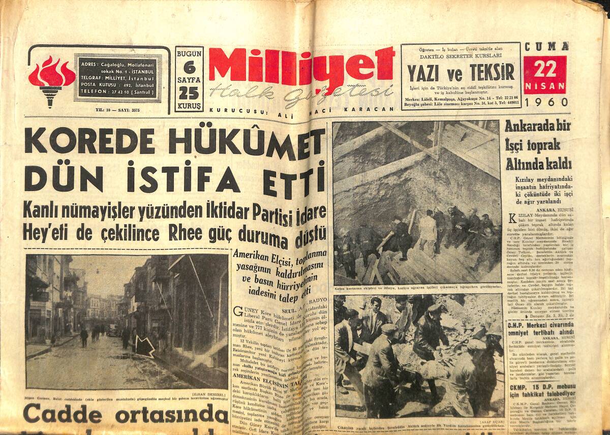 Milliyet Gazetesi 22 Nisan 1960 - Zeki Müren Hususi Konser Afişi - Kore'de Hükümet Dün İstifa Etti - Türk- İtalyan Amatör Maçı 16 Haziran'da! GZ140330 - 1
