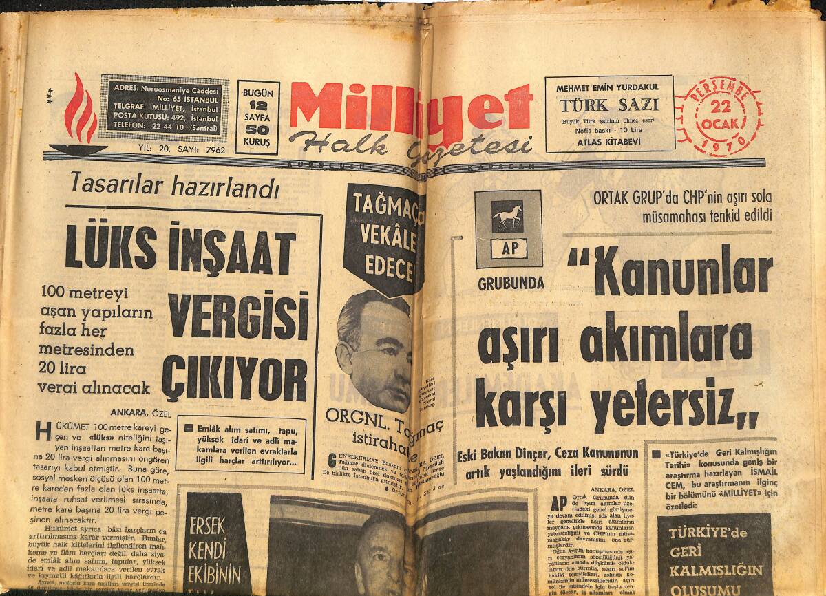Milliyet Gazetesi 22 Ocak 1970 - Allaın Delon Geldi Ve Gitti - Irak'ta Hükümeti Devirmek İstediler - Galatasaray'ı Üç Başlı Dev Çökertti! GZ140344 - 1