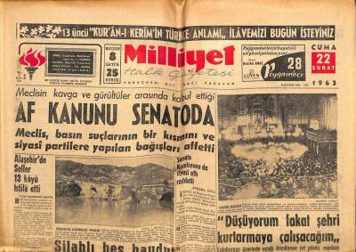 Milliyet Gazetesi 22 Şubat 1963 - Af Kanunu Senatoda GZ59832 - 1
