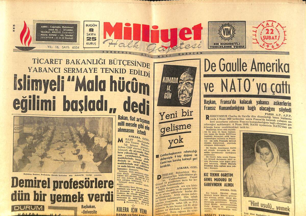 Milliyet Gazetesi 22 Şubat 1966 - De Gaulle Amerika Ve NATO'YA Çattı! - Süleyman Demirel Profesörlere Dün Bir Yemek Verdi! GZ140193 - 1