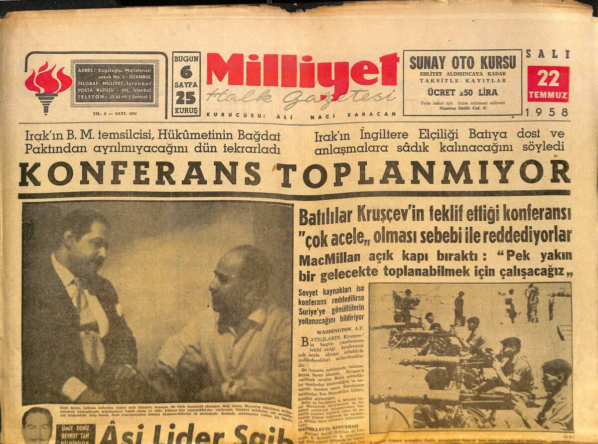 Milliyet Gazetesi 22 Temmuz 1958 - Celal Bayar Ve Menderes Amerikan Elçisi İle Görüştüler - Kıbrıs'ta 2 Türk Daha Katledildi GZ140124 - 1
