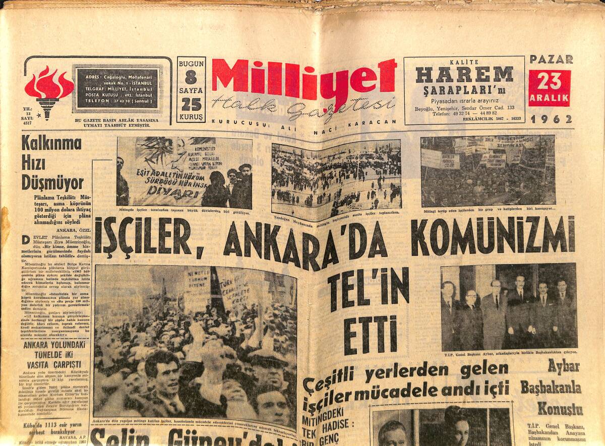 Milliyet Gazetesi 23 Aralık 1962 - İşçiler Ankara'da Komünizmi Tel'in Etti - Galatasaray İyi Başladı İyi Bitiremedi GZ140259 - 1