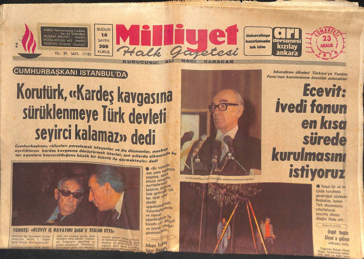 Milliyet Gazetesi 23 Aralık 1978 - Ecevit : İvedi Fonun En Kısa Sürede Kurulmasını İstiyoruz - Beşiktaş Umudunu Tüketmedi GZ133546 - 1