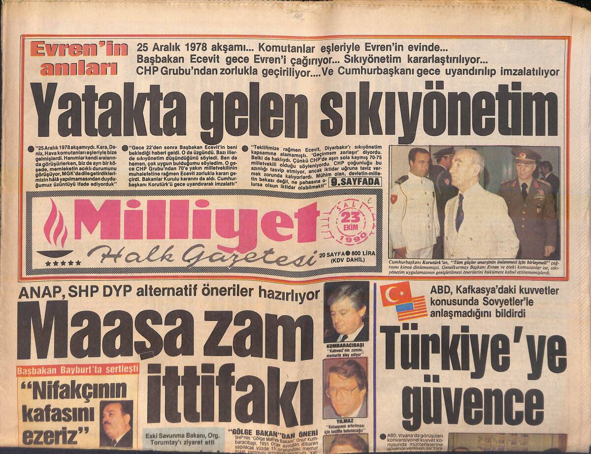 Milliyet Gazetesi 23 Ekim 1990 - Kenan Evren'in Anıları - Çin'de 12 İdam - Körfez'de Barış Umudu - Kenan Evrenden Yataktan Gelen Sıkı Yönetim GZ155867 - 1