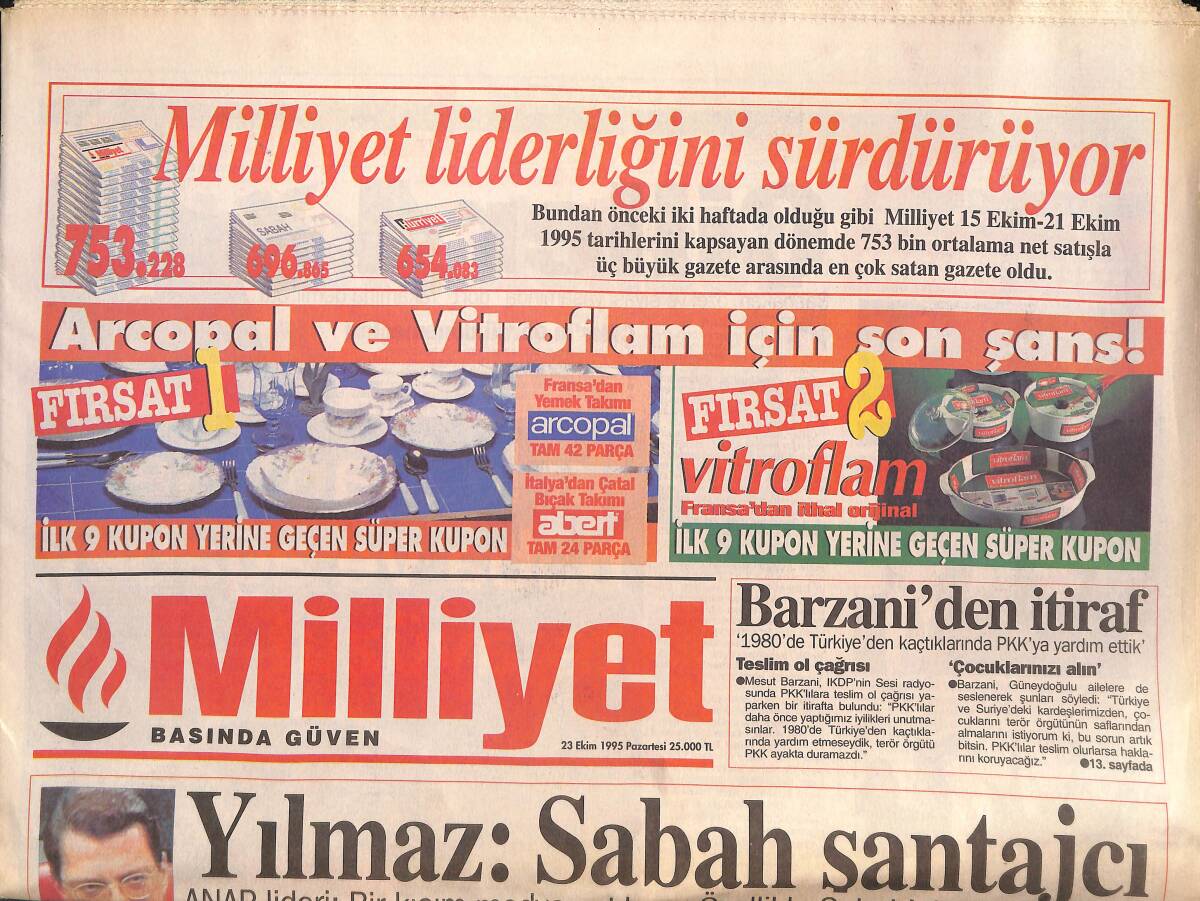 Milliyet Gazetesi 23 Ekim 1995 - Solda İttifaka Ecevit'ten Red - Barzani'den İtiraf - Fenerbahçe Fena Çarptı GZ132590 - 1