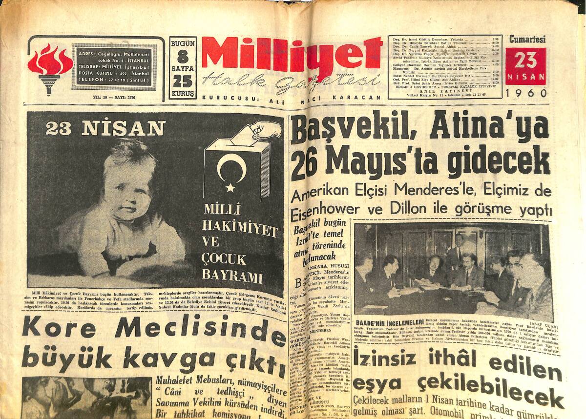 Milliyet Gazetesi 23 Nisan 1960 - Kore Meclisinde Büyük Kavga Çıktı - Başvekil, Atina'ya 26 Mayıs'ta Gidecek! - Milli Lig'de Son Puan mücadelesi GZ140329 - 1