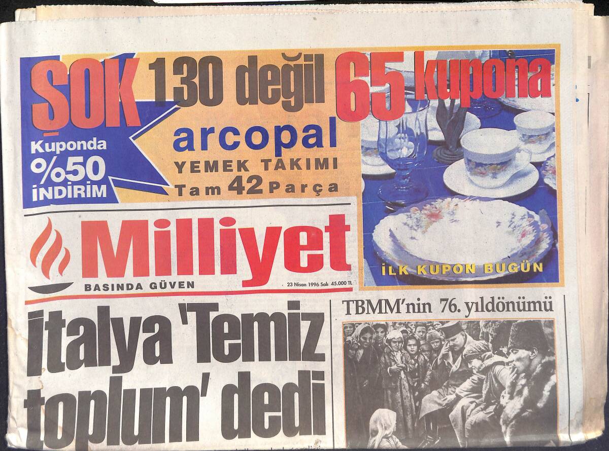 Milliyet Gazetesi 23 Nisan 1996 - Kartal'da Bahar Temizliği - Fenerbahçe'de Büyük Tehdit - İtalya ' Temiz Toplum ' dedi GZ132849 - 1