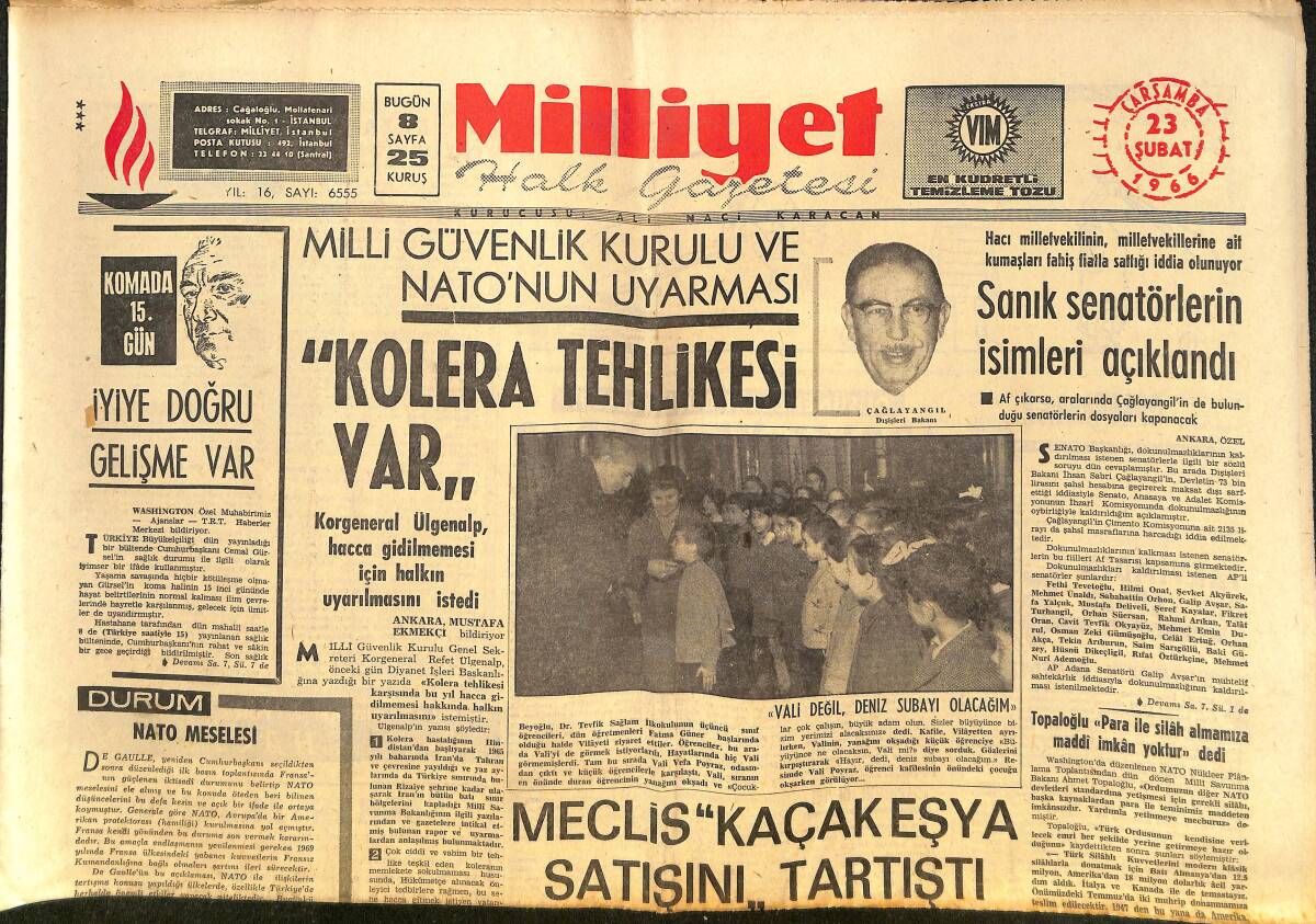 Milliyet Gazetesi 23 Şubat 1966 - Meclis Kaçak Eşya Satışını Tartıştı! - Milli Eğitimde Geniş Değişiklik - NATO Meselesi! GZ140194 - 1