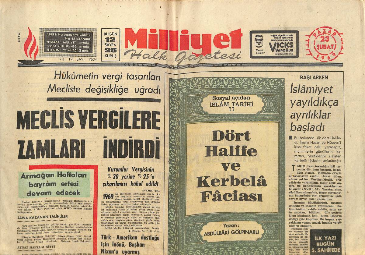 Milliyet Gazetesi 23 Şubat 1969 - İslamiyet Yayıldıkça Ayrılıklar Başladı - Galatasaray Devleşiyor - Ay'a İniş Hazırlıkları Başladı GZ140218 - 1