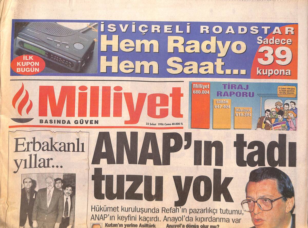 Milliyet Gazetesi 23 Şubat 1996 - ANAP'ın Tadı Tuzu Yok - Fener'de Balic Korkusu - Seba'dan Son Uyarı GZ132913 - 1