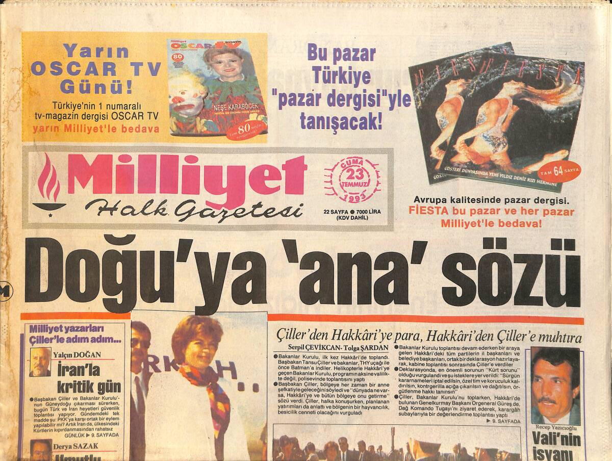 Milliyet Gazetesi 23 Temmuz 1993 - Ajda 93'e Kutlama - Çiller'den Ana Sözü GZ3170 - 1