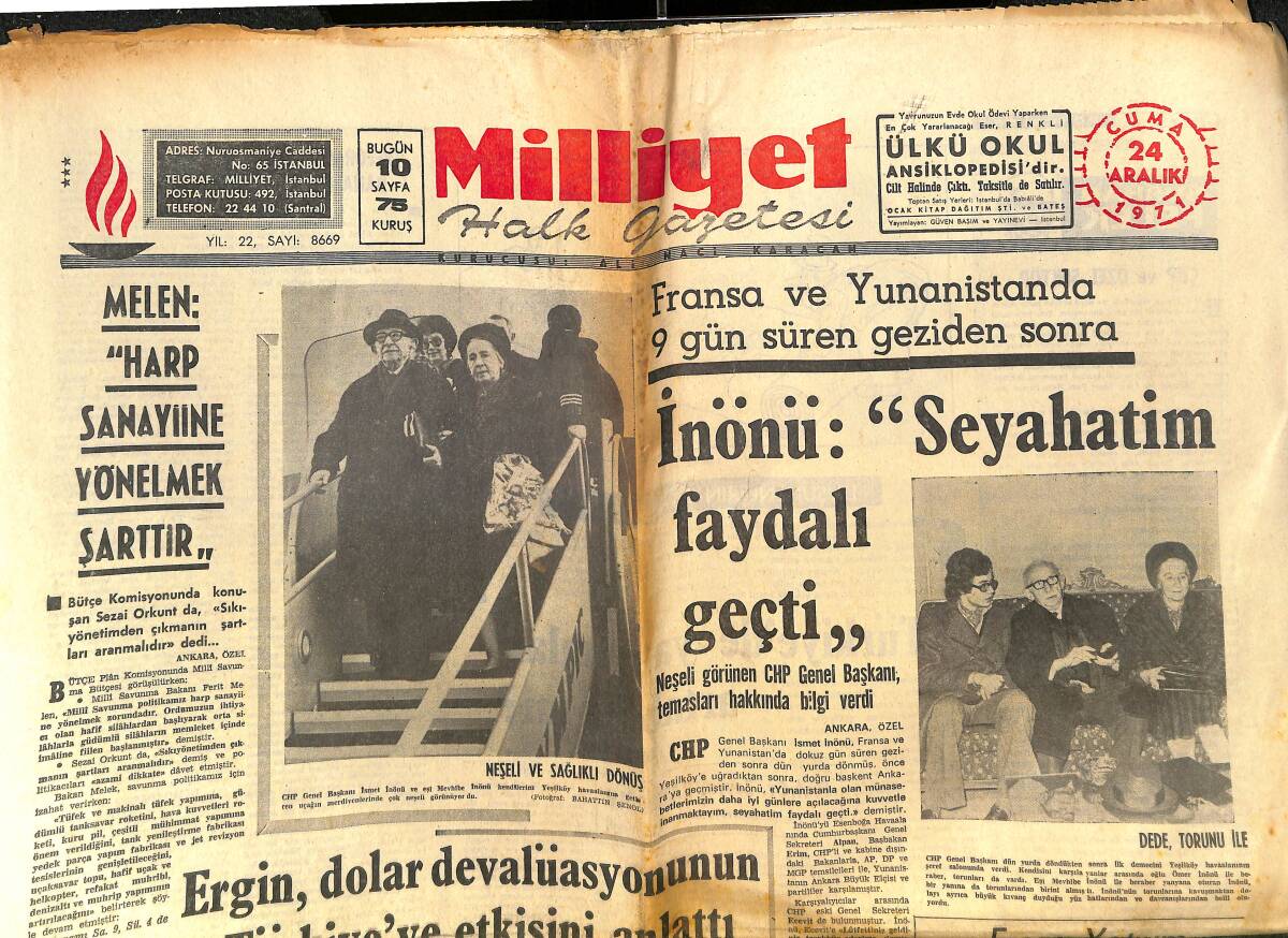 Milliyet Gazetesi 24 Aralık 1971 - Veznedar'ı Öldüren Seyhan'ın İdamı İstendi! - Ömer Şerif Yılbaşında Kumar İçin İstanbul'a Gelecek GZ140316 - 1