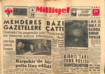 Milliyet Gazetesi 24 Ekim 1958 - Menderes Bazı Gazetelere Çattı GZ59583 - 1