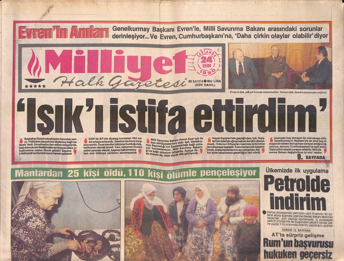 Milliyet Gazetesi 24 Ekim 1990 - Feyyaz, Taraftarların Üstüne Yürüdü - Mantardan 28 Kişi Öldü - Ülkemizde İlk Uygulama 