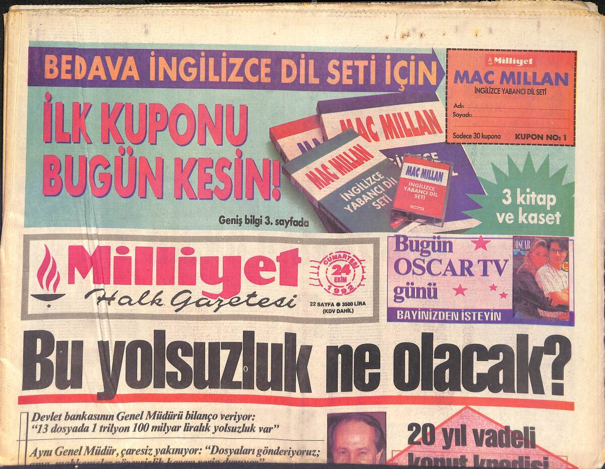 Milliyet Gazetesi 24 Ekim 1992 - İzmit Gitti Geldi - Fenerbahçe'de Kaner Yolcu GZ2976 - 1