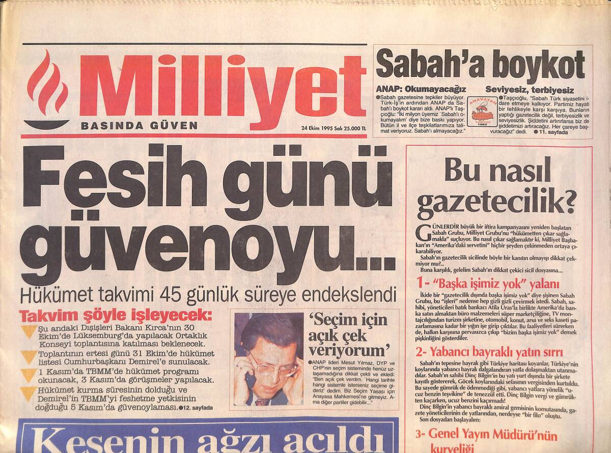 Milliyet Gazetesi 24 Ekim 1995 - Galatasaray Ders Alsın - Hükümet Takvimi 45 Günlük Süreye Endekslendi GZ132589 - 1