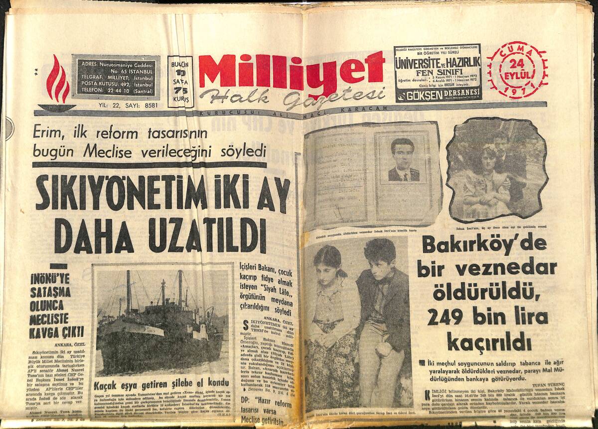 Milliyet Gazetesi 24 Eylül 1971 - İnönü'ye Sataşma Olunca Mecliste Kavga Çıktı - İnönü Bugün 88 Yaşında - Sıkıyönetim 2 Ay Daha Uzatıldı GZ140268 - 1