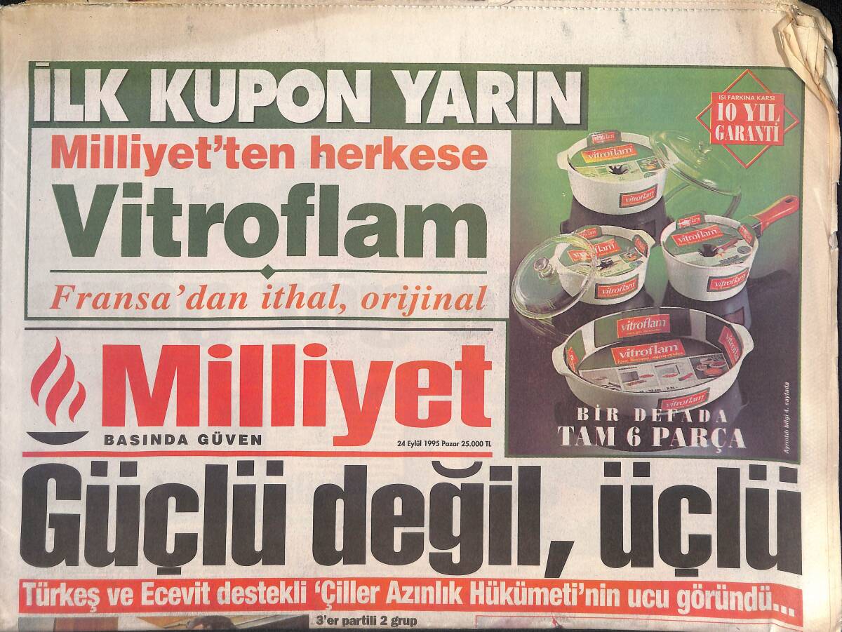 Milliyet Gazetesi 24 Eylül 1995 - Apo'nun Kardeşi Sakız'a Kaçıyordu - Fenerbahçe Körfez'i Yıktı GZ132608 - 1
