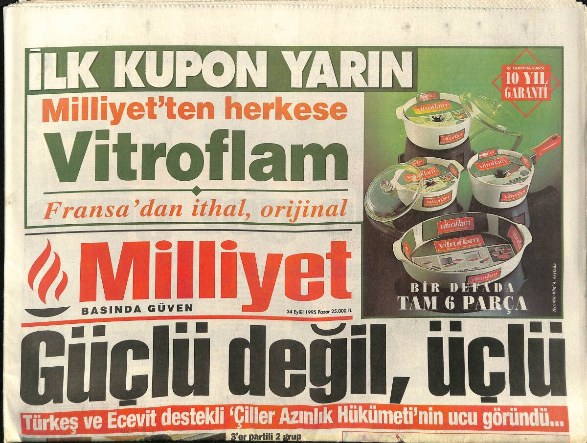 Milliyet Gazetesi 24 Eylül 1995 - Fener Körfez'i Yıktı - Türkeş ve Ecevit Destekli Çiller Azınlık Hükümeti'nin Ucu Göründü GZ157442 - 1