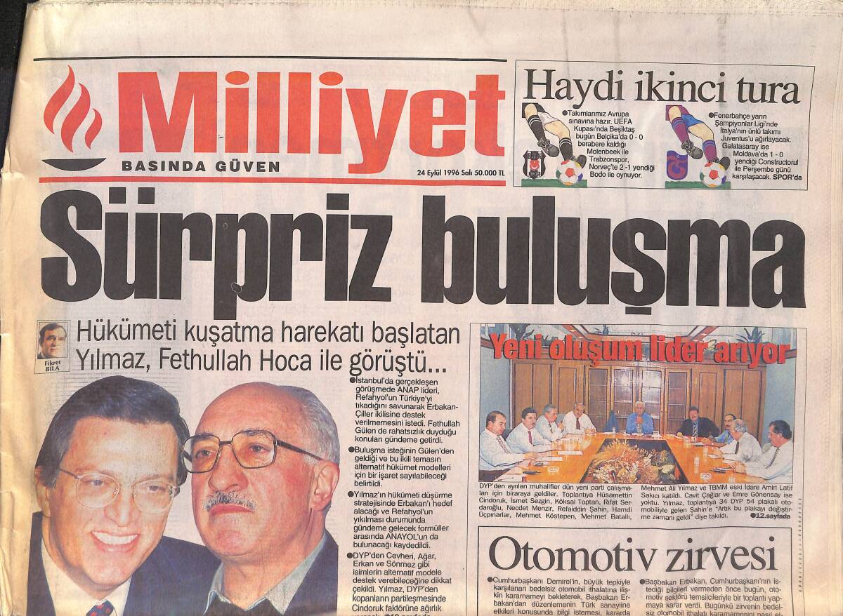 Milliyet Gazetesi 24 Eylül 1996 - PKK'nın Sigorta Vurgunu - Hükümeti Kuşatma Harekatı Başlatan Yılmaz , Fethullah Hoca İle Görüştü... GZ132798 - 1
