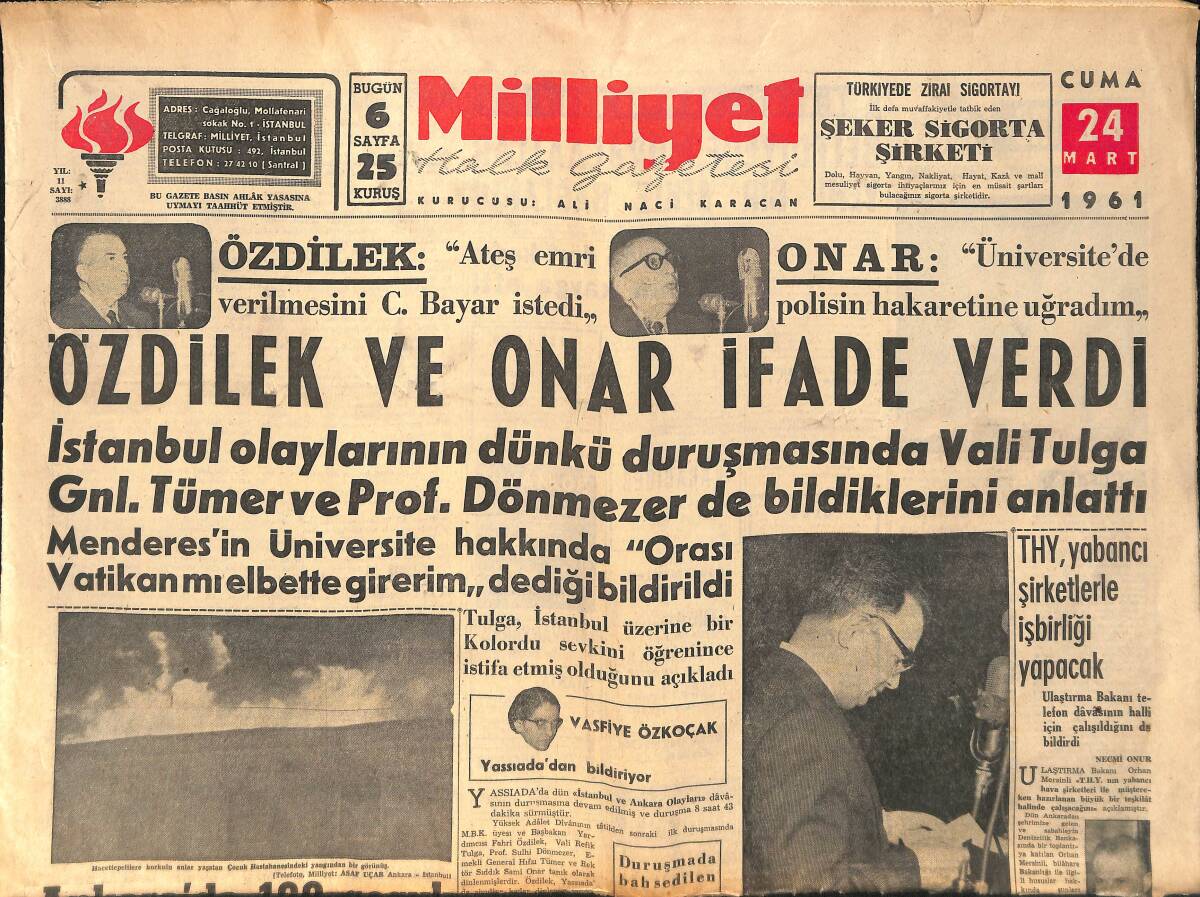 Milliyet Gazetesi 24 Mart 1961 - Özdilek Ve Onar İfade Verdi - 6 Fenerbahçeli Oyuncu Kaza Geçirdi GZ154129 - 1