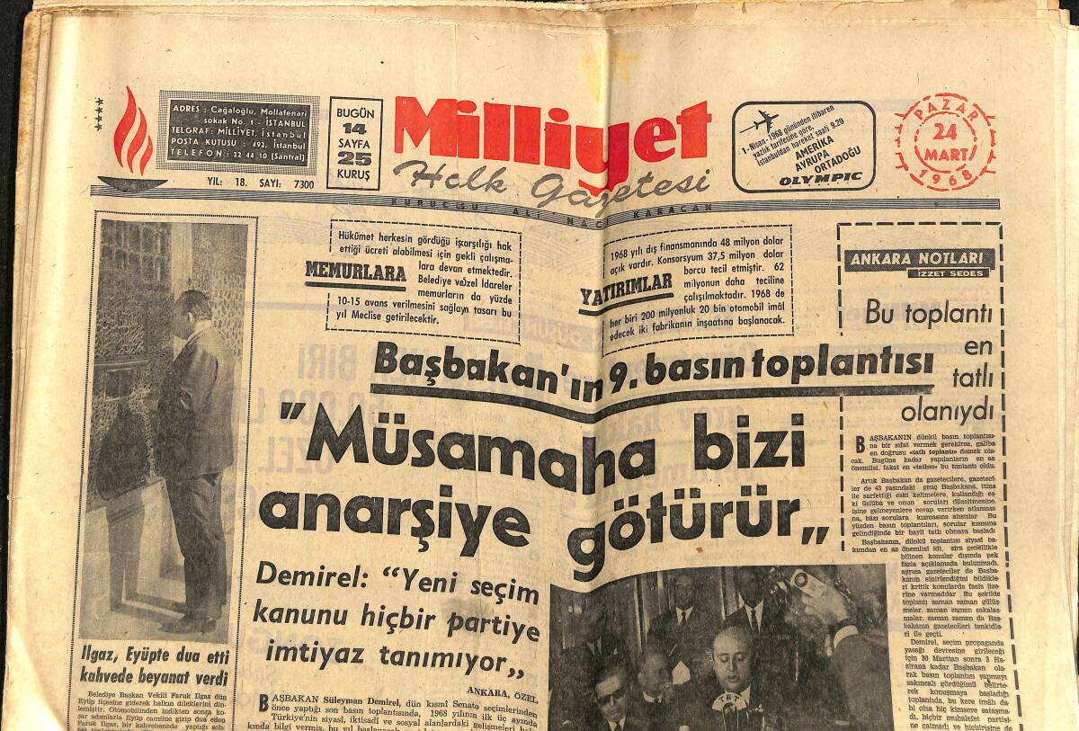 Milliyet Gazetesi 24 Mart 1968 - Koç Holding 15 Bin Verdi - İspanyadaki Meydan Savaşını Kazandık - Vietnam'daki Amerikan Kumandanı Nakledildi GZ140236 - 1