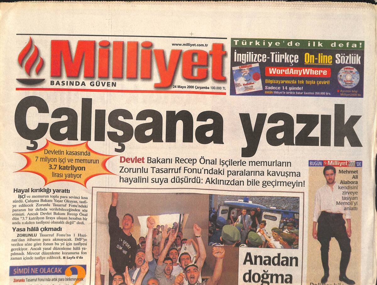 Milliyet Gazetesi 24 Mayıs 2000 - Cimbom'un Ülkemize Getirdiği UEFA Kupasını Ecevit De Kucakladı - Fatih Terim'e Müthiş Prim GZ2577 - 1