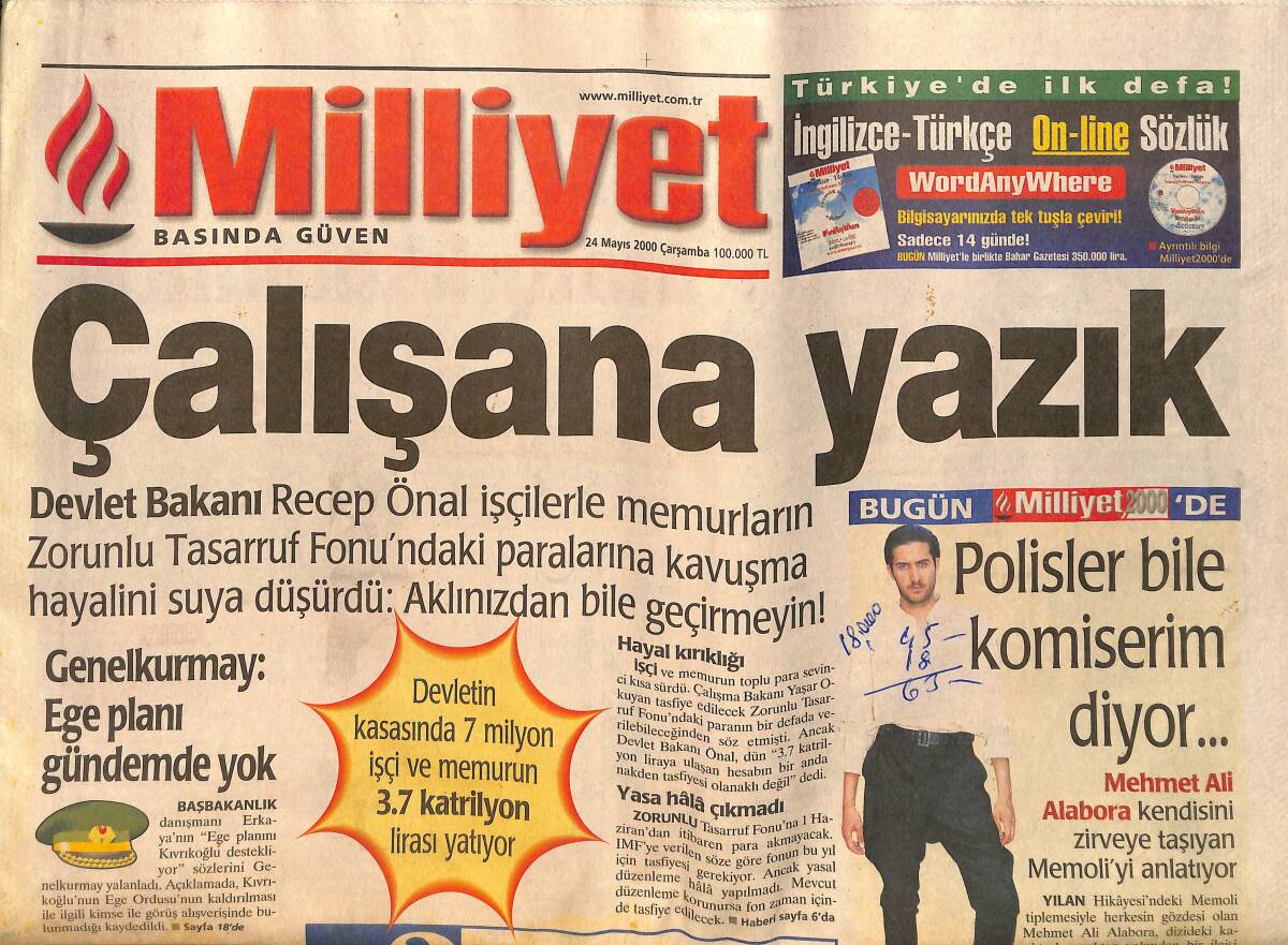 Milliyet Gazetesi 24 Mayıs 2000 - Meclis'te UEFA Turu - Galatasaray Fırtınası - Rekortmen Hagi GZ157360 - 1